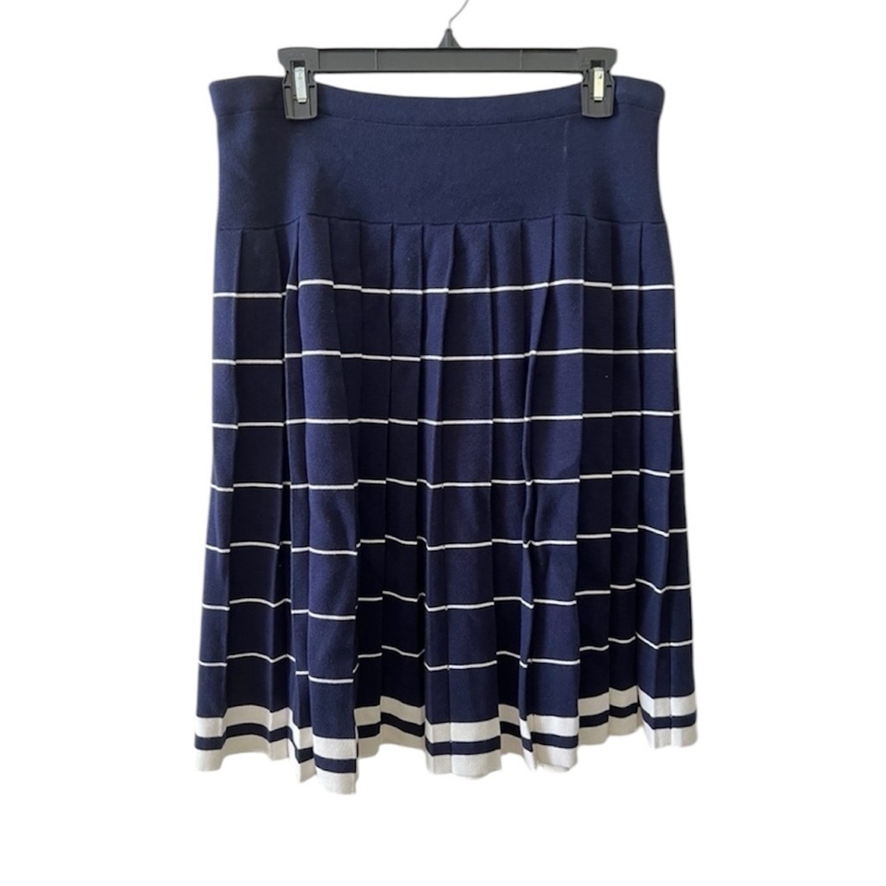 Talbots pleated navy blue & white flat pleat drop waist knit skirt